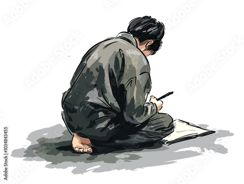 white background, Man practicing calligraphy or handwriting, very simple and isolate in the style of animated illustrations, white background