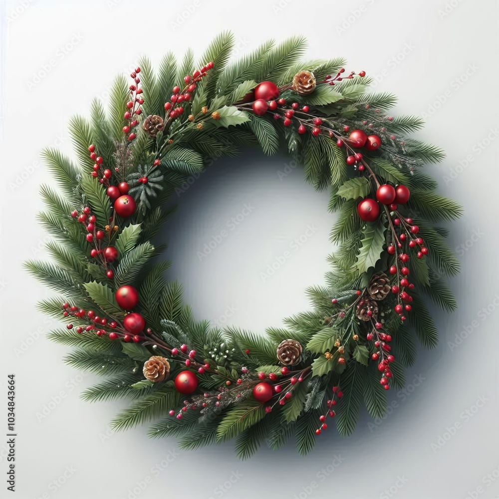 Beautiful Green Christmas Wreath Made of Fir Branches Decorated with Berries, Pine Cones, and Christmas Ornaments Beautiful Green Christmas Wreath Made of Fir Branches Decorated with Berries, Pine Cones, and Christmas Ornaments