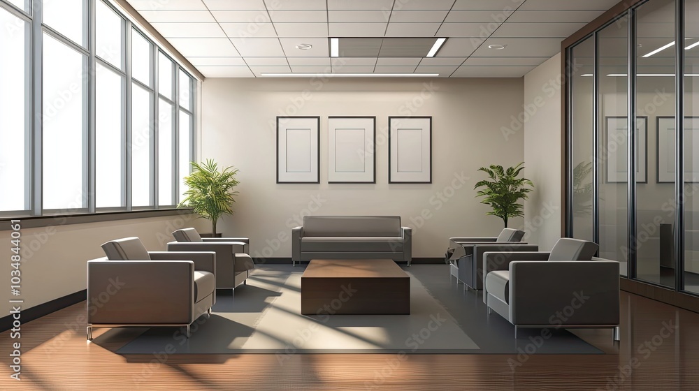 Modern Office Waiting Area with Grey Armchairs, a Sofa, and a Wooden Coffee Table Modern Office Waiting Area with Grey Armchairs, a Sofa, and a Wooden Coffee Table