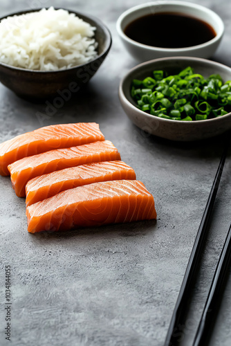 Fresh salmon with rice and green onions photo