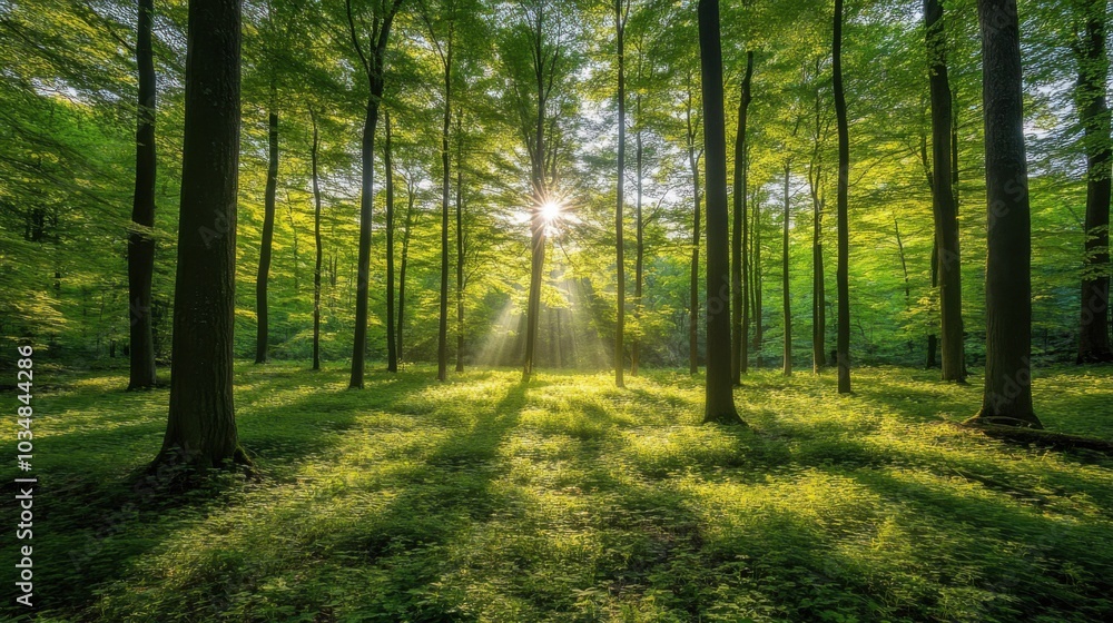 Naklejka premium Sunlight Filtering Through Lush Green Forest