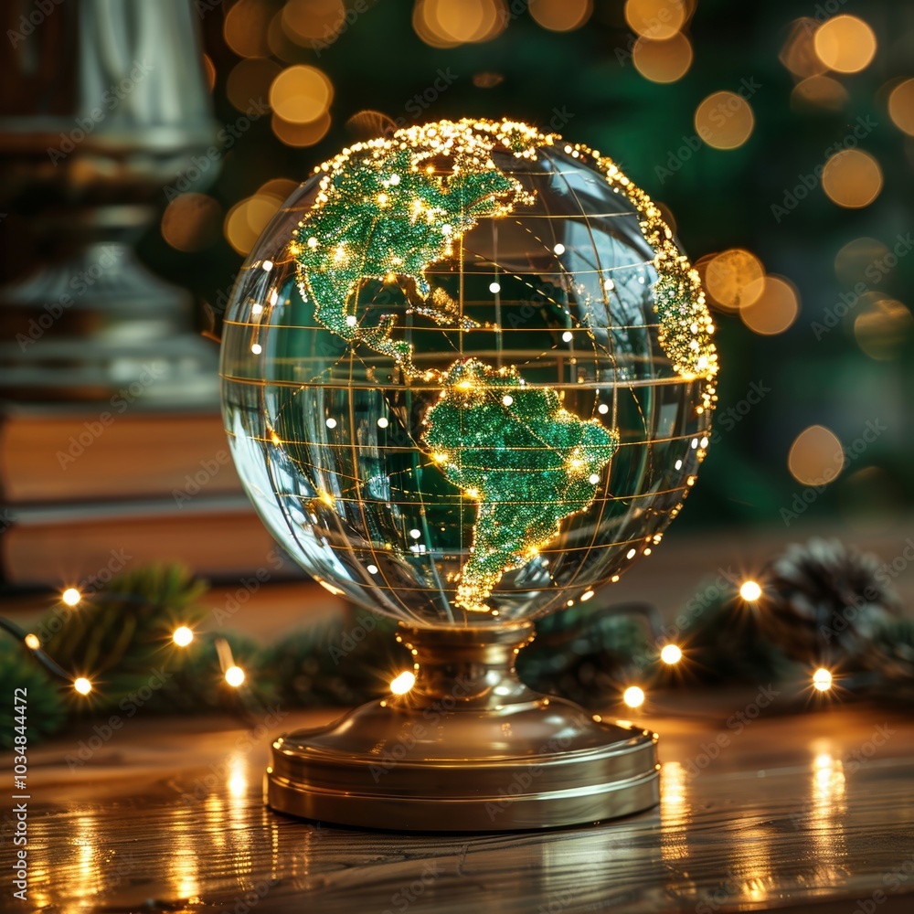 A beautifully crafted globe sits on a wooden table, illuminated by sparkling fairy lights. The warm glow creates a cozy atmosphere, perfect for winter gatherings and festive decor. A beautifully crafted globe sits on a wooden table, illuminated by sparkling fairy lights. The warm glow creates a cozy atmosphere, perfect for winter gatherings and festive decor.