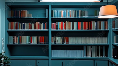 A teal bookcase filled with books and a white lampshade. photo