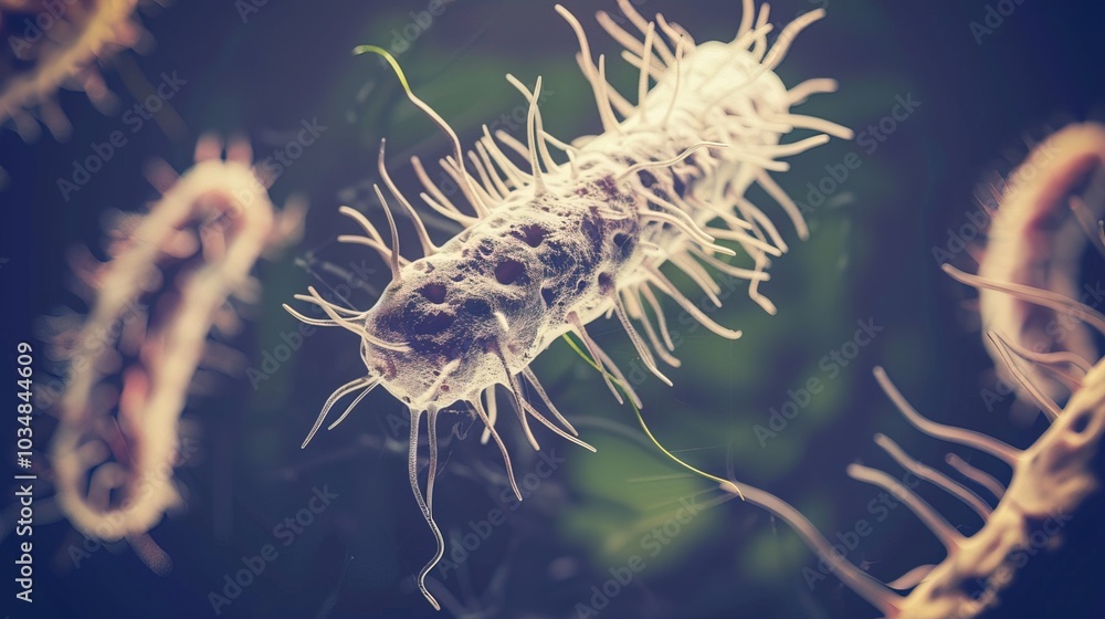 Fototapeta premium Ancient microbes under microscope reveal intricate cellular structures, showcasing their mysterious and ancient nature, ideal for scientific and educational content.