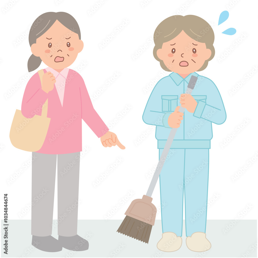 クレームを入れるシニア女性と清掃スタッフ