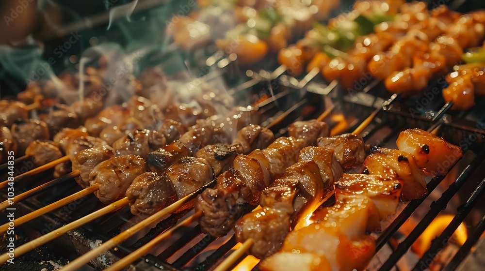 A close up of a grill holding different food skewers that are cooking A close up of a grill holding different food skewers that are cooking