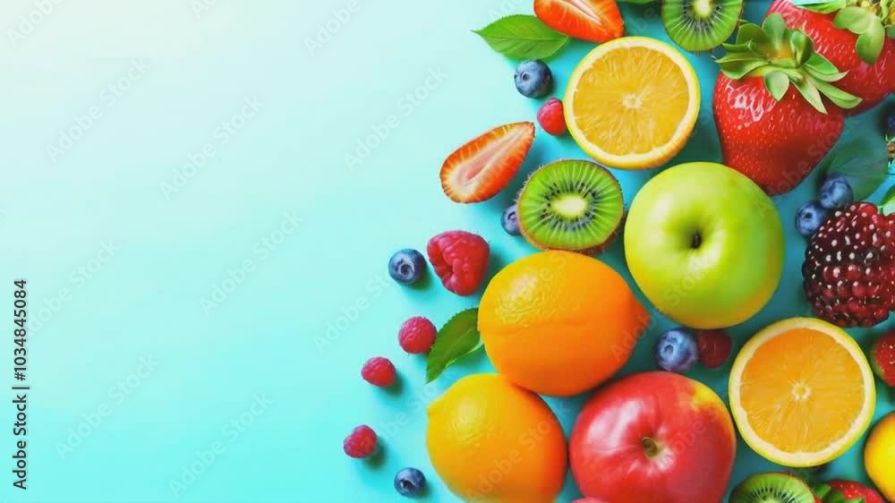 A vibrant mix of fresh fruits on a turquoise background. There are red strawberries, oranges, kiwi, raspberries, blueberries, green apples, and red apples. A vibrant mix of fresh fruits on a turquoise background. There are red strawberries, oranges, kiwi, raspberries, blueberries, green apples, and red apples.