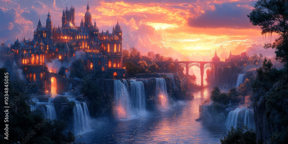 Fototapeta premium Vibrant Fantasy City with Skyward Waterfalls and Floating Islands 