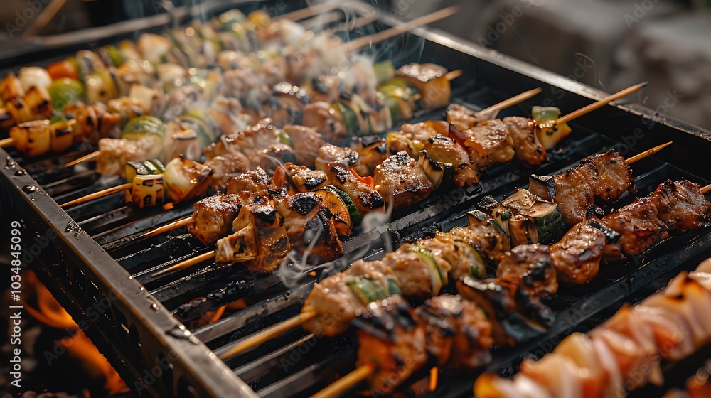A close up of a grill holding different food skewers that are cooking A close up of a grill holding different food skewers that are cooking
