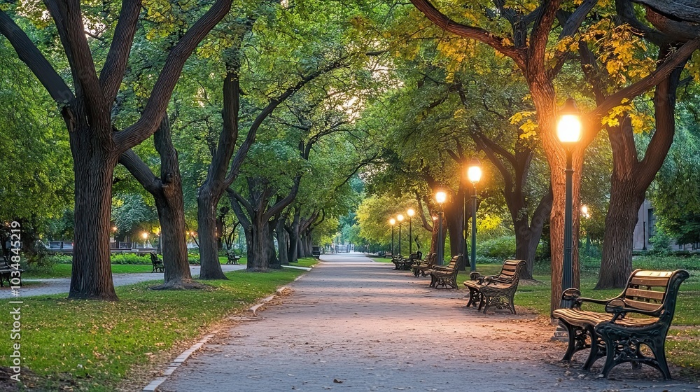 Fototapeta premium A Serene Pathway Through a Canopy of Trees with Benches and Lampposts