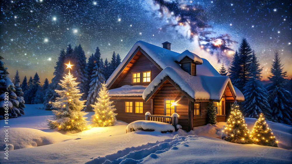 Cozy House in Glittering Snow Under Starry Sky. Perfect for: Christmas, Winter Solstice, New Year's Eve Cozy House in Glittering Snow Under Starry Sky. Perfect for: Christmas, Winter Solstice, New Year's Eve