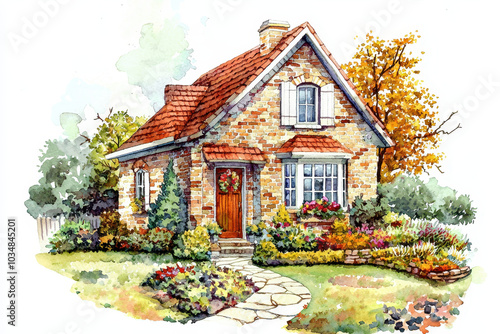 A charming, watercolored cottage surrounded by vibrant flowers and greenery, showcasing a welcoming entrance and cozy architectural details. photo