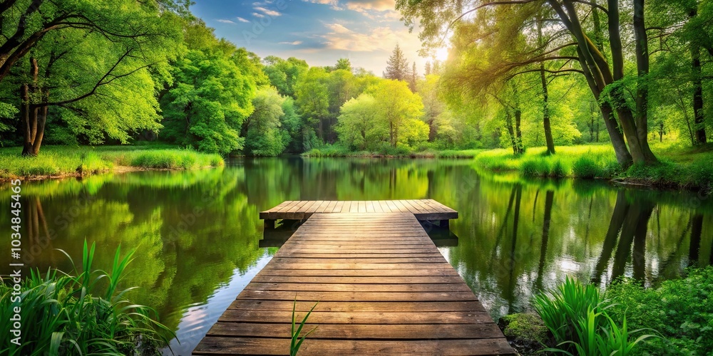 Tranquil forest pond with wooden dock and lush green surroundings Tranquil forest pond with wooden dock and lush green surroundings