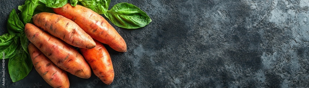 Fresh Sweet Potatoes with Basil Leaves on Dark Rustic Background - Healthy Organic Vegetables for Cooking and Nutrition Fresh Sweet Potatoes with Basil Leaves on Dark Rustic Background - Healthy Organic Vegetables for Cooking and Nutrition
