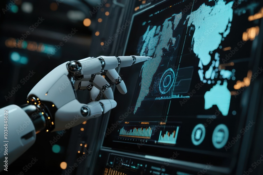 Robot Hand Interacting with a Futuristic Interface Robot Hand Interacting with a Futuristic Interface