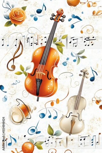 A colorful design featuring violins, musical notes, and floral elements, creating a vibrant musical theme.