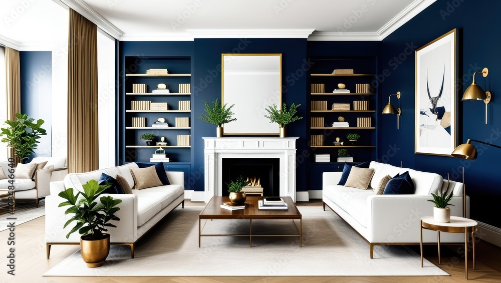 Modern luxurious living room, white fireplace, navy blue walls, gold accents, symmetrical bookshelves, white sofas, wooden coffee table, potted plants, minimalist decor, cozy atmosphere, interior desi Modern luxurious living room, white fireplace, navy blue walls, gold accents, symmetrical bookshelves, white sofas, wooden coffee table, potted plants, minimalist decor, cozy atmosphere, interior desi