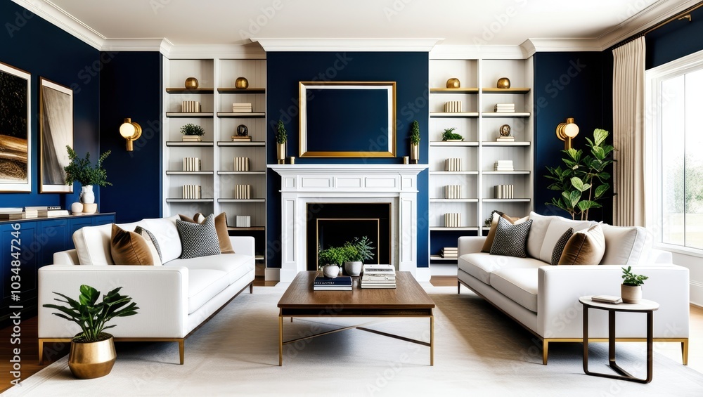 Modern luxurious living room, white fireplace, navy blue walls, gold accents, symmetrical bookshelves, white sofas, wooden coffee table, potted plants, minimalist decor, cozy atmosphere, interior desi Modern luxurious living room, white fireplace, navy blue walls, gold accents, symmetrical bookshelves, white sofas, wooden coffee table, potted plants, minimalist decor, cozy atmosphere, interior desi