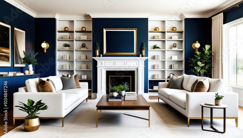 Modern luxurious living room, white fireplace, navy blue walls, gold accents, symmetrical bookshelves, white sofas, wooden coffee table, potted plants, minimalist decor, cozy atmosphere, interior desi