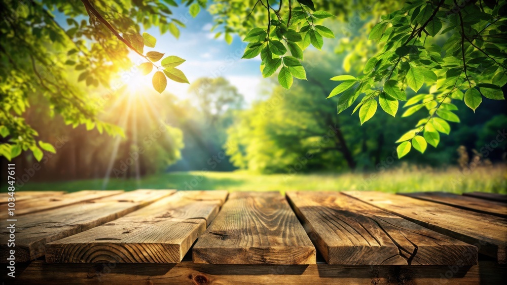 A wooden tabletop with a blurred background of a sunny forest with green foliage and sunlight shining through the leaves. A wooden tabletop with a blurred background of a sunny forest with green foliage and sunlight shining through the leaves.