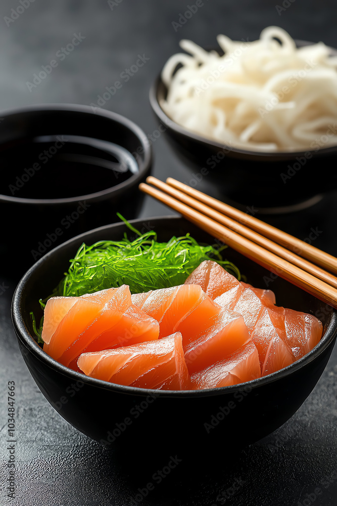 Salmon sashimi with noodles and sauce. Salmon sashimi with noodles and sauce.