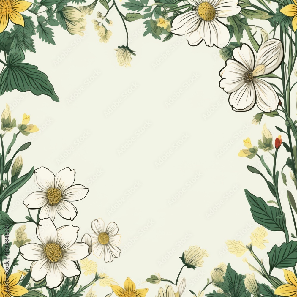 A floral frame design with blooming flowers and leaves, perfect for spring or summer invitations and decorative cards A floral frame design with blooming flowers and leaves, perfect for spring or summer invitations and decorative cards