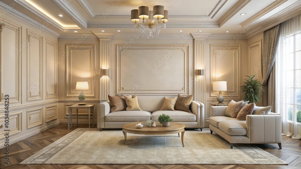 Fototapeta premium Elegant Living Room with Classic Design Featuring a Plush Sofa, Cozy Armchair, and an Ornate Chandelier