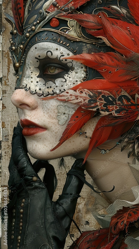 Mysterious Woman in Red Feather Mask: A Portrait of Intrigue Mysterious Woman in Red Feather Mask: A Portrait of Intrigue