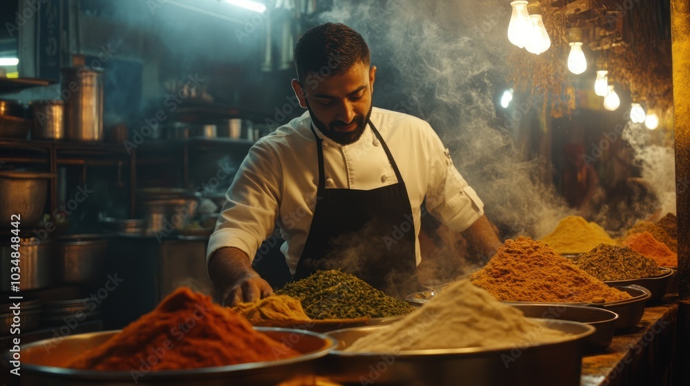 Chef Working with Spices in a Smoky Kitchen Chef Working with Spices in a Smoky Kitchen
