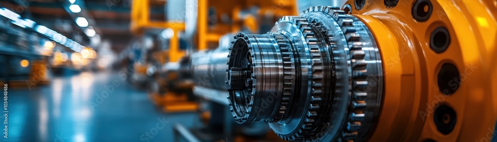 Close-Up of Industrial Machinery with Gears and Metal Components in a Modern Factory Setting, Highlighting Engineering and Manufacturing Precision Close-Up of Industrial Machinery with Gears and Metal Components in a Modern Factory Setting, Highlighting Engineering and Manufacturing Precision