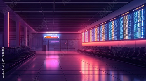 Empty Airport Terminal with Neon Lights and Departure Board