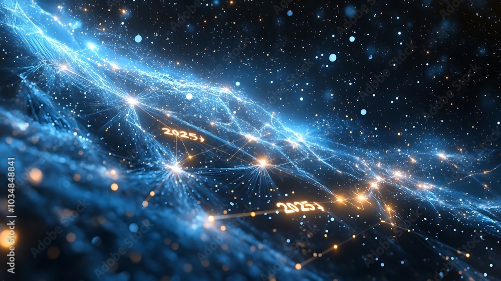 Fototapeta premium An enchanting night sky scene with the stars forming the constellation “2025,” bright stars glowing with radiant light, trails of stardust and shimmering effects connecting the numbers,