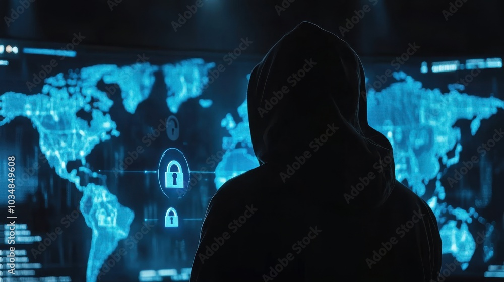 Mysterious Hooded Figure Near Glowing Computer Screen Mysterious Hooded Figure Near Glowing Computer Screen