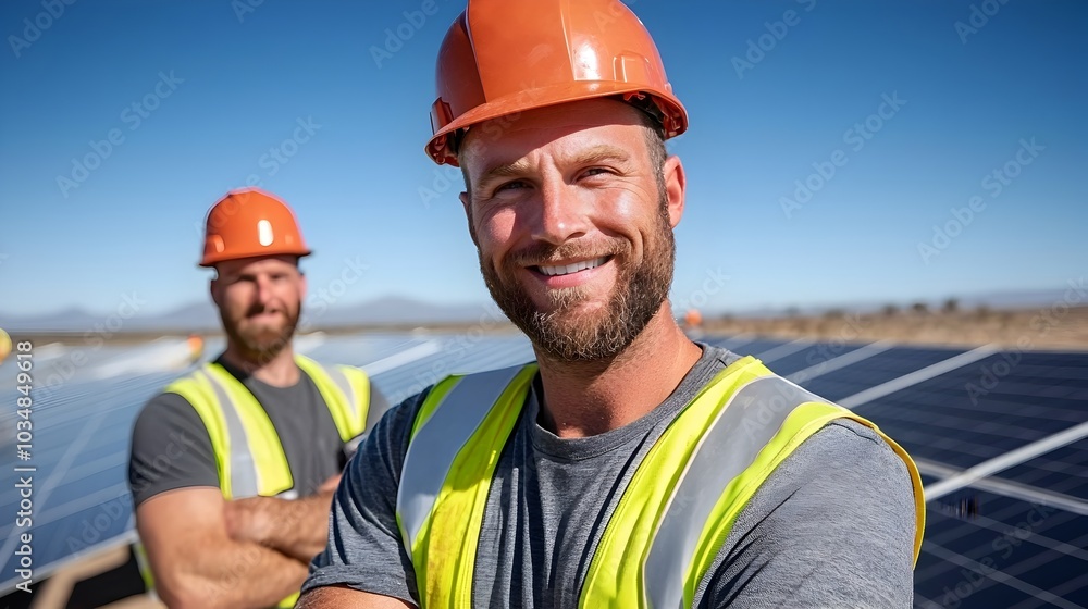 Team of engineers inspecting and evaluating a large scale solar panel array to ensure optimal efficiency and performance of the renewable energy system Team of engineers inspecting and evaluating a large scale solar panel array to ensure optimal efficiency and performance of the renewable energy system