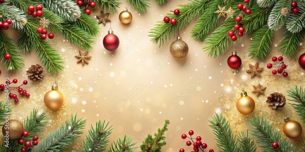 Festive Christmas Border with Evergreen Branches, Red Berries, and Gold Ornaments on Sparkling Background Festive Christmas Border with Evergreen Branches, Red Berries, and Gold Ornaments on Sparkling Background
