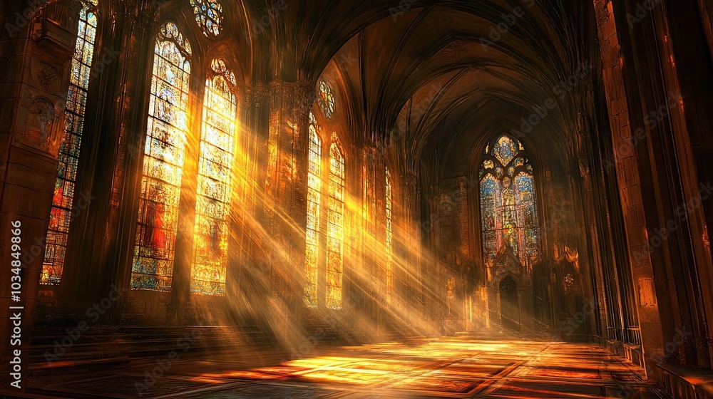 Sunbeams Streaming Through Stained Glass Windows in a Cathedral Sunbeams Streaming Through Stained Glass Windows in a Cathedral