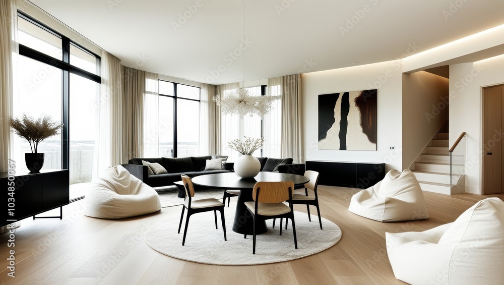 Modern minimalist interior, open concept living space, white brick wall, large windows, natural light, wooden floors, round black dining table, contemporary dining chairs, organic-shaped poufs, sleek Modern minimalist interior, open concept living space, white brick wall, large windows, natural light, wooden floors, round black dining table, contemporary dining chairs, organic-shaped poufs, sleek
