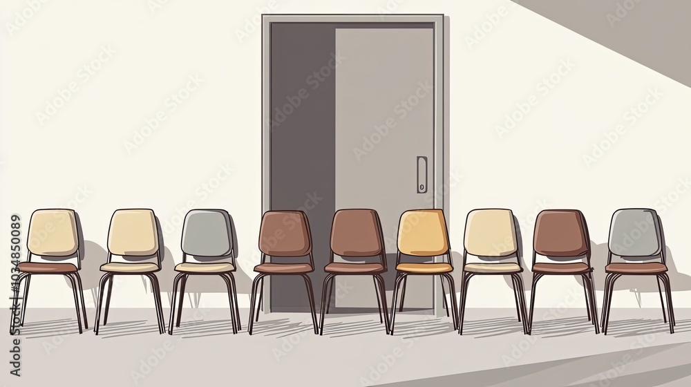 Row of chairs facing a closed door in a waiting area Row of chairs facing a closed door in a waiting area