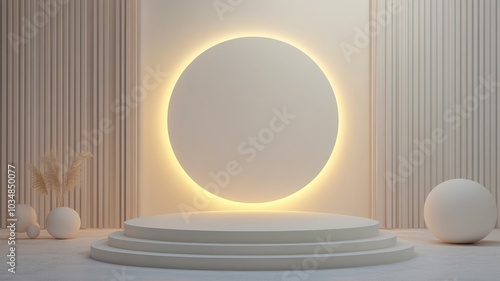 Minimalist White Platform with Backlit Circle in a Room with Vertical Stripes