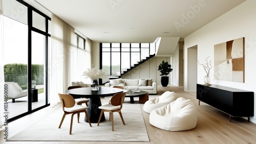 Modern minimalist interior, open concept living space, white brick wall, large windows, natural light, wooden floors, round black dining table, contemporary dining chairs, organic-shaped poufs, sleek 