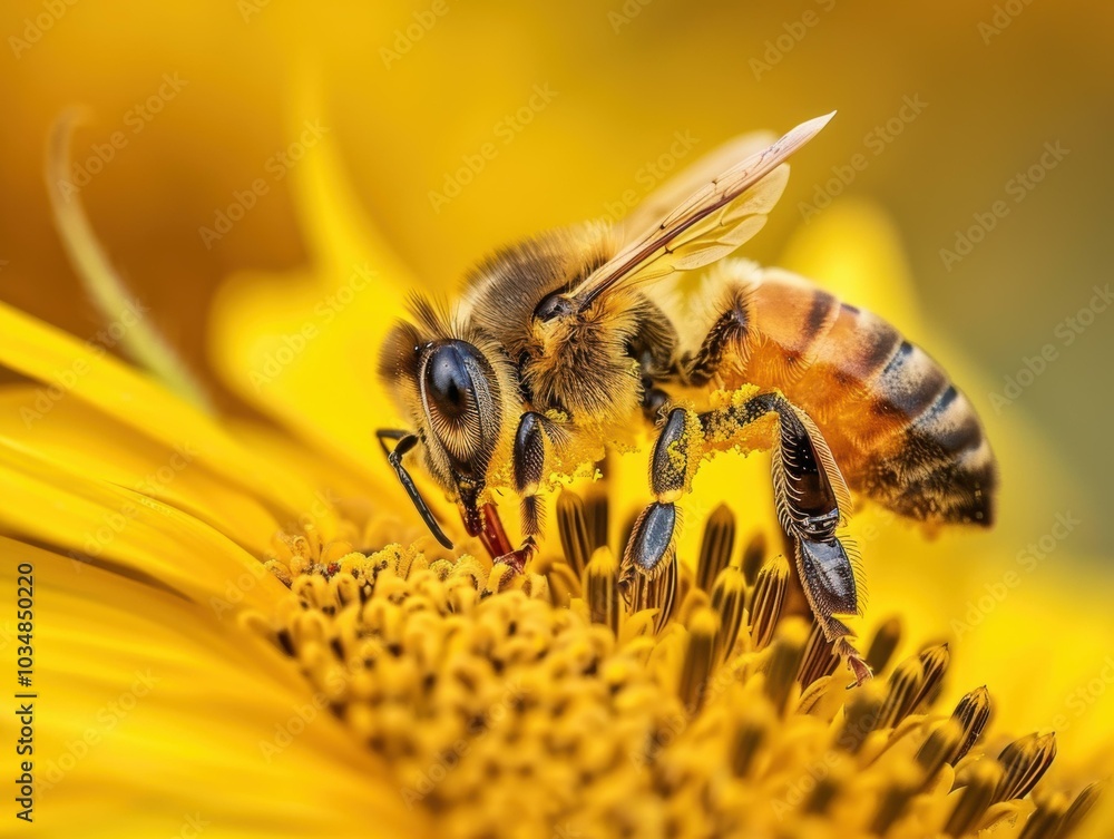 A bee collects pollen from a flower. AI. A bee collects pollen from a flower. AI.