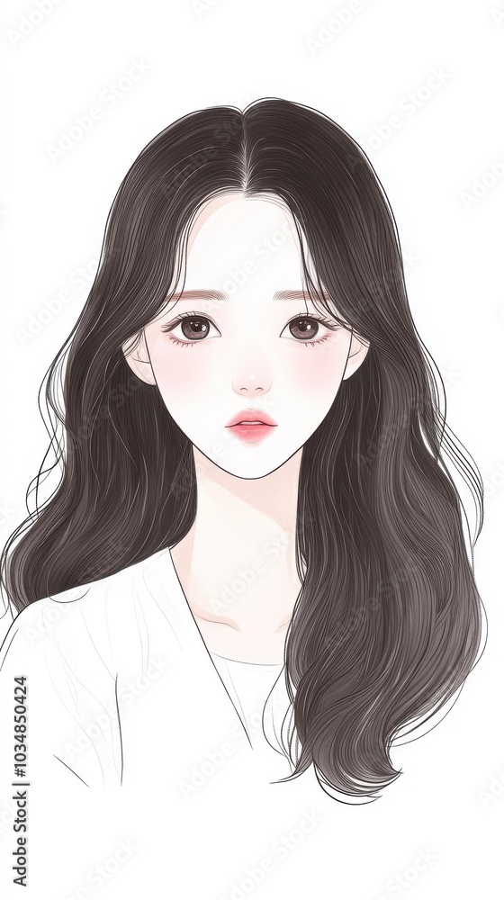 A beautiful illustration of a young woman with long dark hair and soft features, showcasing an elegant and serene expression. A beautiful illustration of a young woman with long dark hair and soft features, showcasing an elegant and serene expression.
