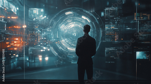 A person observing futuristic holographic data displays in a modern urban environment at night