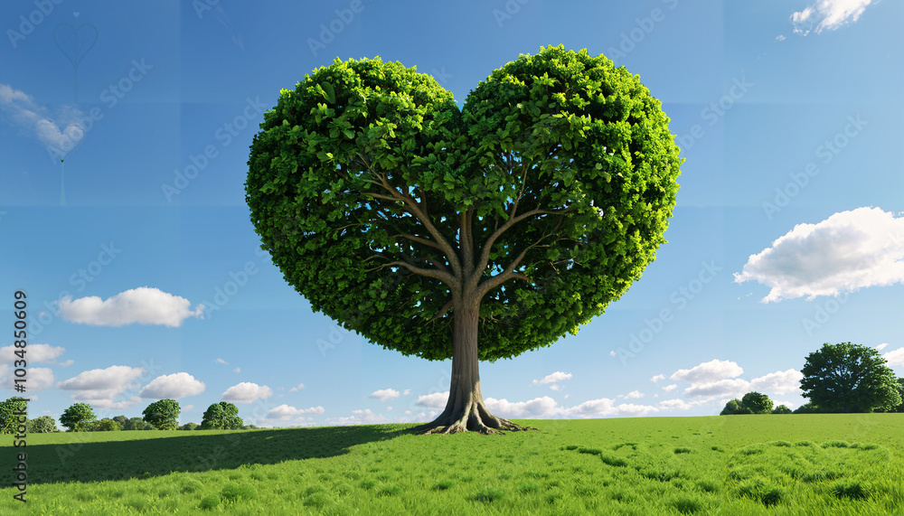 Arbre en forme de cœur dans un paysage ensoleillé Arbre en forme de cœur dans un paysage ensoleillé