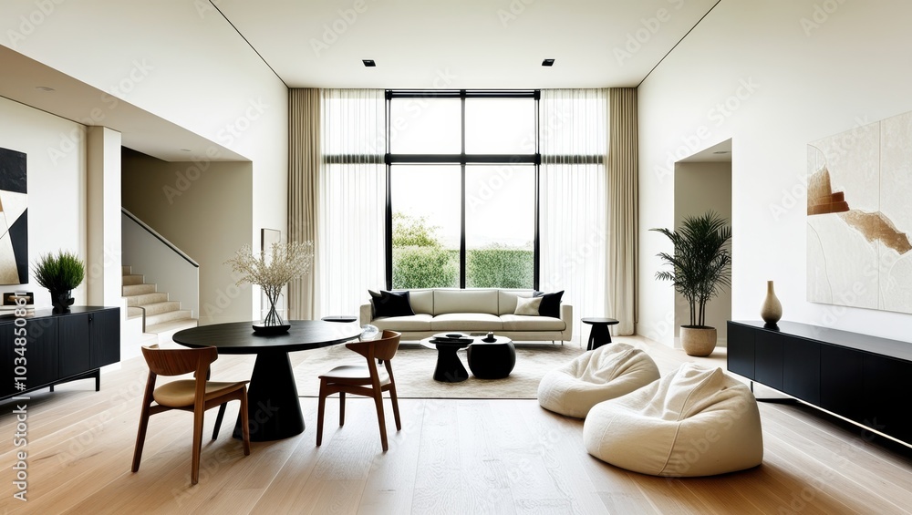 Modern minimalist interior, open concept living space, white brick wall, large windows, natural light, wooden floors, round black dining table, contemporary dining chairs, organic-shaped poufs, sleek Modern minimalist interior, open concept living space, white brick wall, large windows, natural light, wooden floors, round black dining table, contemporary dining chairs, organic-shaped poufs, sleek