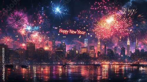 Fireworks bursting above a metropolitan skyline, "Happy New Year" text outlined in glowing neon colors, radiant explosions with vibrant sparks, city lights reflecting off the water, celebratory mood,