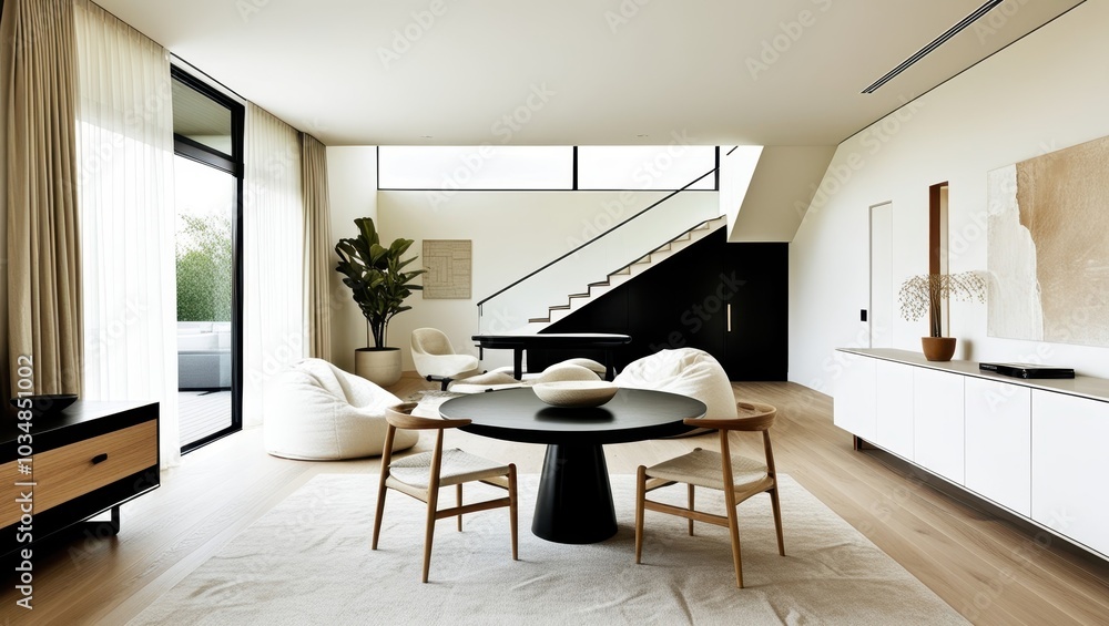 Modern minimalist interior, open concept living space, white brick wall, large windows, natural light, wooden floors, round black dining table, contemporary dining chairs, organic-shaped poufs, sleek Modern minimalist interior, open concept living space, white brick wall, large windows, natural light, wooden floors, round black dining table, contemporary dining chairs, organic-shaped poufs, sleek