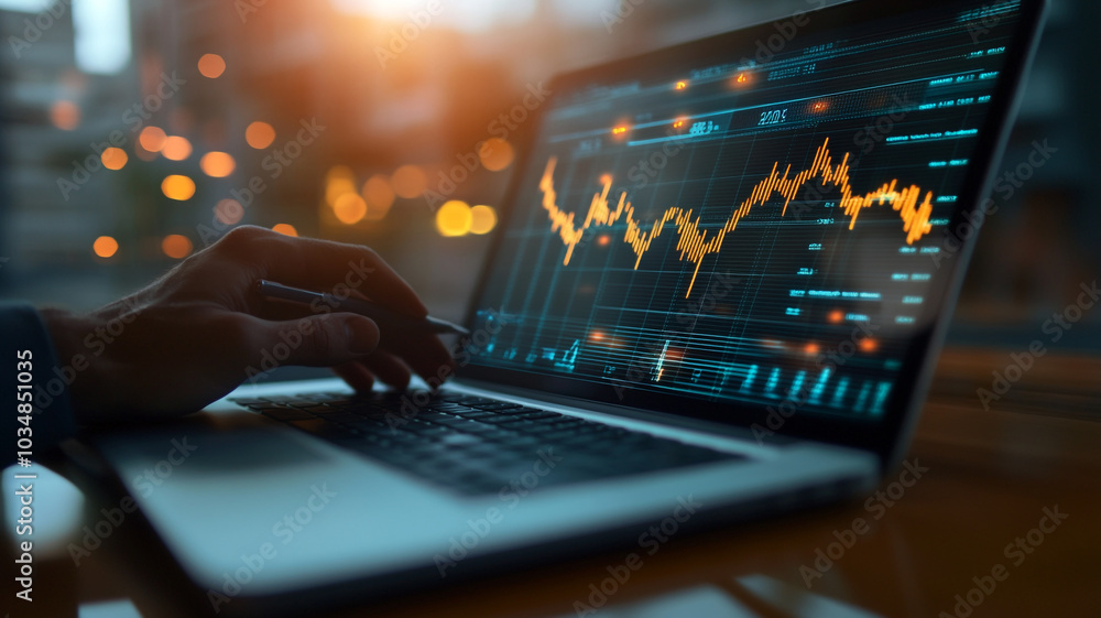 Data analysis on a laptop displaying stock market trends during sunset Data analysis on a laptop displaying stock market trends during sunset