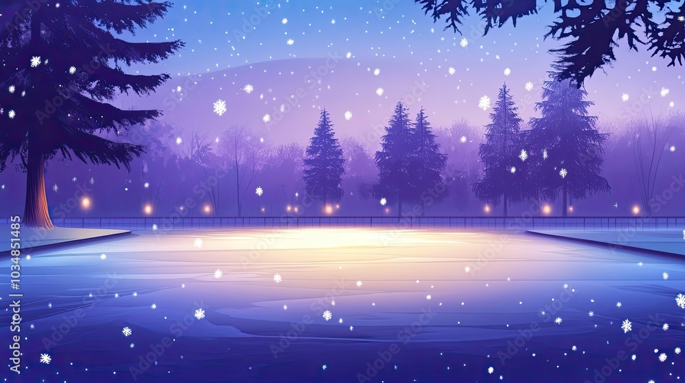 Fototapeta premium A Snowy Night with a Frozen Lake and a Silhouetted Forest