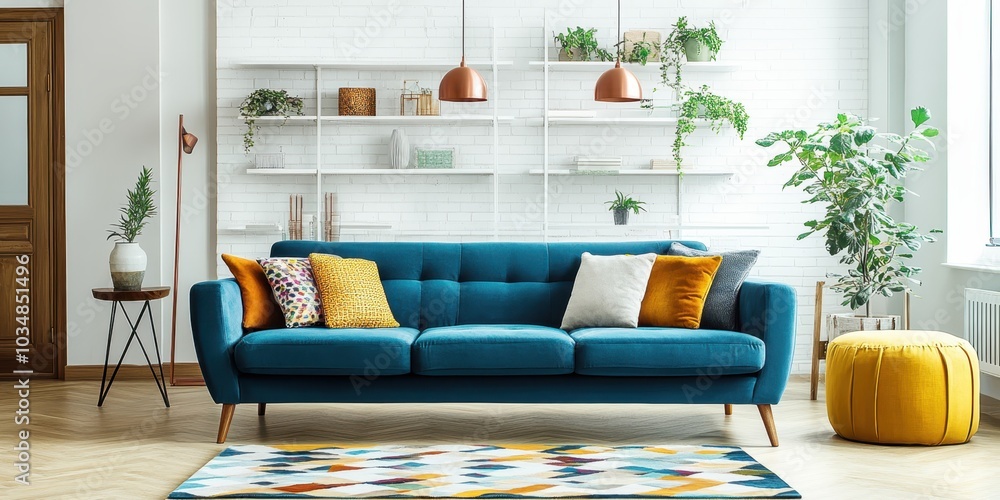Modern living room interior, teal blue sofa, white shelving unit, wooden furniture, yellow pouf, colorful pillows, geometric rug, indoor plants, copper pendant lights, white brick wall, hardwood floor